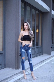 MOTTOM - CRISPY JEANS กางเกงเอวสูงยีนยืด