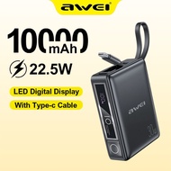 Awei 30W Fast Charging Power Bank 10000mAh Mini Portable Digital Display Powerbank With Cable