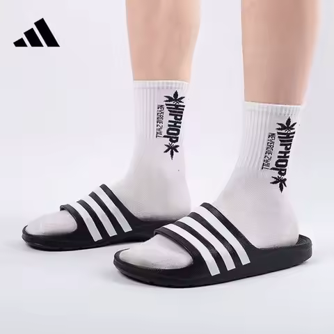 2026 New Adidas Slides Black White Classic Striped Shower Beach Sandals F35543