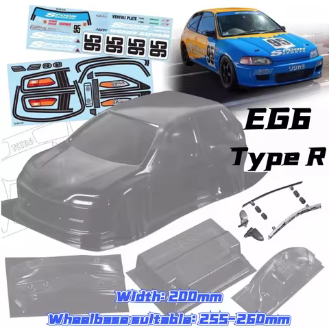 1/10 Civic EG6 JDM RC PC body shell 200mm width Transparent drift body shell with Lampshade mirror f