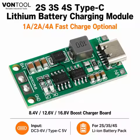 VONTOOL 2S 3S 4S Type-C Boost Lithium Charging Module 1A 2A 4A 8.4V 12.6V 16.8V Li-ion Battery Charg