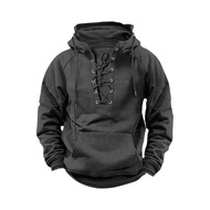 Fall Winter Men Hoodie Lace-up Strap Loose Elastic Cuff Retro Warm Pullover Mid Length Hip Hop Patch