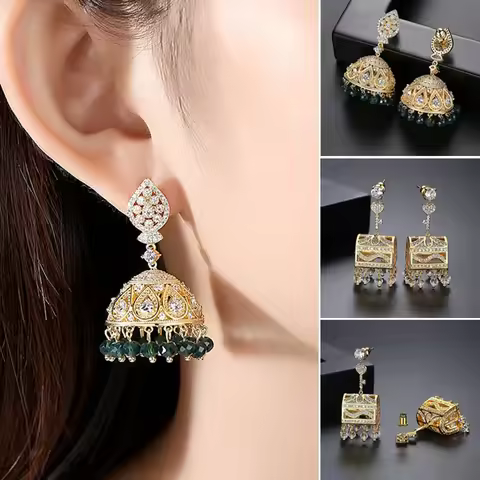 Bollywood Ethnic Bridal Earrings Bohemia Crystal Zircon Jhumka Jhumki Tassels Bells Indian Drop Dang