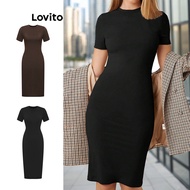Lovito Casual Dress Plain Split Back Basic Dress for Women L68ED300 (Black)
