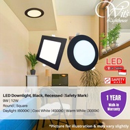 (Safety Mark) Slim LED Downlight Black Casing Round Square 9W 12W Warm White (3000K) Cool White (400