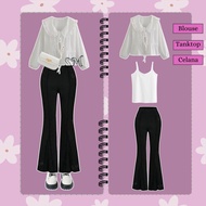 3-in-1 Coquette Ribbon Outfit (Blouse + Tank Top + Pants) One Set Korean Style |