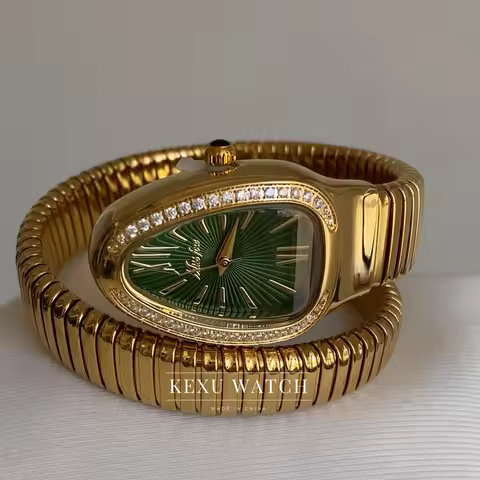 Mishali Watch Elegant Roman Numeral Green Dial Watch for Women, Dainty Snake Head Shape Quartz Wrist