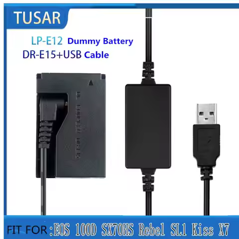 DR-E15 Coupler LP-E12 Dummy Battery+5V USB Adapter Charging Cable for Canon EOS Rebel SL1 100D Digit