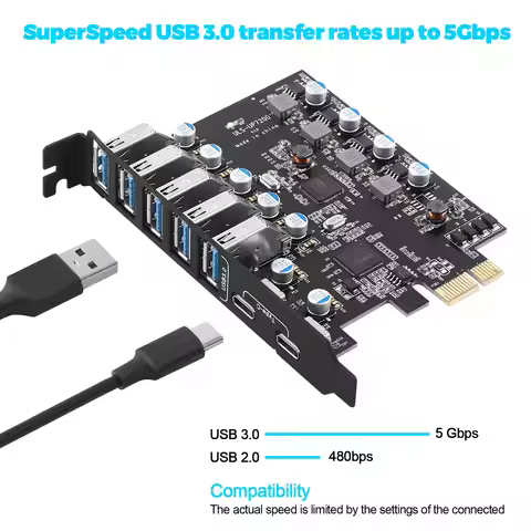 7ports USB 3.0 5Gbps PCIE 1X Expansion Card 5X USB-A 2X USB-C PCI Express USB Add on Cards With FL11