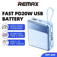 REMAX Fast Charging 22.5W Mini Portable USB 10000mAh PD Phone Powerbank With Built In Cable Flight Type C Output RPP-605