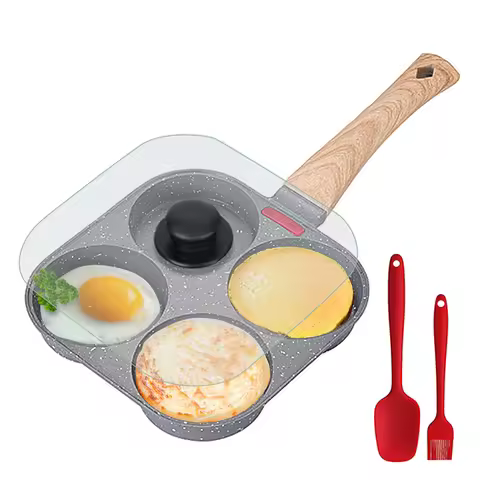 Non Stick 4-Cup Egg Frying Pan with Flipping Lid Aluminum Pancake Egg Cooker with Spatula and Brush