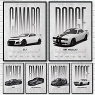 Sports Car Poster Camaro ZL1, Dodge SRT Hellcat, McLaren 765LT Canvas Wall Art for Home Decor