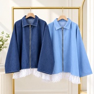 KEMEJA Adeline Zipper Denim Shirt Lace CombinationWanita | Long Sleeve Tops Jumbo to Super Jumbo Siz