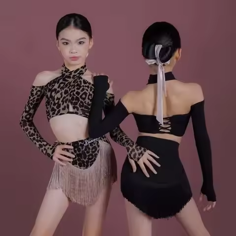 Line dance clothing Stage costume fringe skirt Leopard Latin dance competition costume tassel Dancew