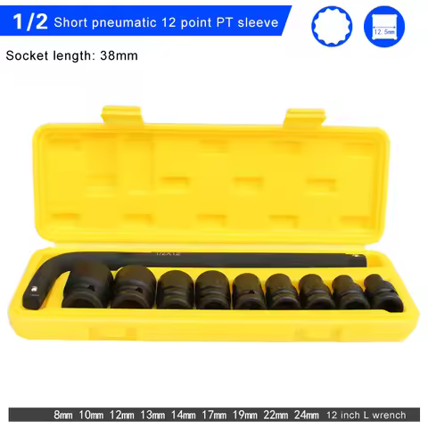 10pcs/set 1/2" (12.5mm) Short Impact 12-Point Plum Blossom Air Sockets Head 38mm Long CR-MO Pneumati