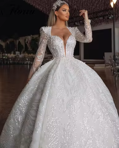 Customized Dubai Wedding Dress More Pearls Sequins Bridal Ball Gowns V Neck Long Sleeves Vestidos De
