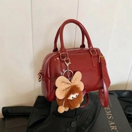 Classic boxy glossy PU leather women's bag, mixed with beautiful stuffed animal charms, Korean style