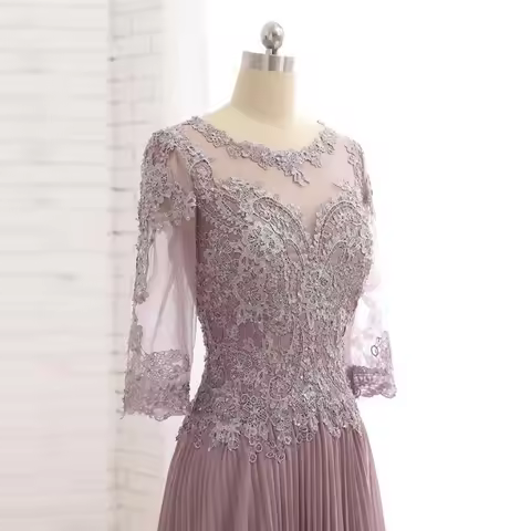 Dlassdress Store Charming Dusty Rose Lace Jewel Neck Mother of the Bride Dresses With Three Quarter 