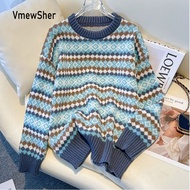 VmewSher Argyle Retro Jacquard Sweater Women Loose Autumn Winter New Thick Knitted Top Scew Neck Lon