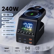 240W Gan Charger Station With Alarm Clock Time Display 4X140w PD3.1 USB Type C Wireless Fast Charger
