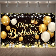 BALLUPIN Happy Birthday Backdrop Banner Large Black Gold Balloon Star Fireworks Party Sign Poster Ph