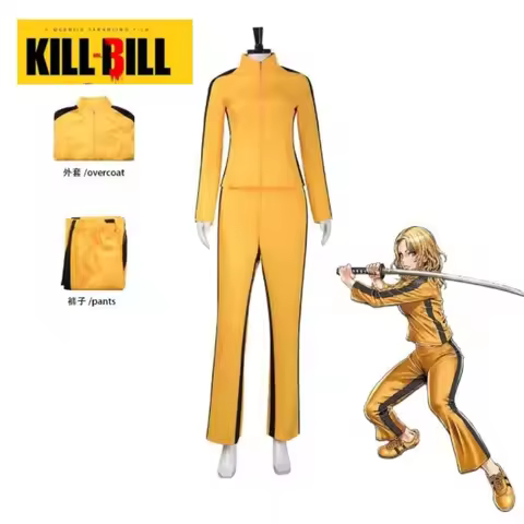 Movie Kill Bill Uma Thurman The Bride Cosplay Costume Yellow Sporty Leotard Overcoat Pants Outfits f