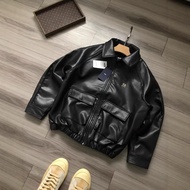 MLB Metal Logo Men Women American Retro Lapel Overalls Short Leather Jacket Jacket