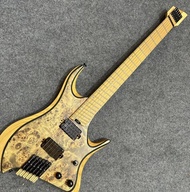 Grote 6สาย Headless Fanned Fret สีเหลือง Burl เมเปิ้ล Top กีต้าร์ไฟฟ้ากีตาร์มืออาชีพ