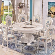 HY-# European-Style Marble Dining Tables and Chairs Set European-Style Dining Table Solid Wood Carved round Table with T