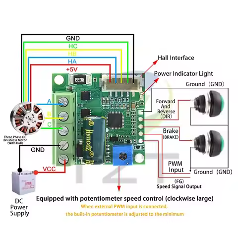 DC6-28V ZS-X12H 0-100W Brushless Motor Speed Controller With Hall BLDC Drive Board Module With Cable