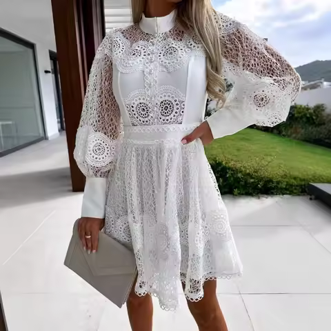 Lounge Wear Fashion Hollow Out Lantern Sleeve Ladies Party Dress Street Wear Spring Summer Women Sol