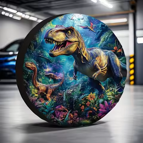 1pc Dinosaur World Waterproof Spare Tire Cover - Vibrant T-Rex Jungle Scene, Machine Washable Polyes