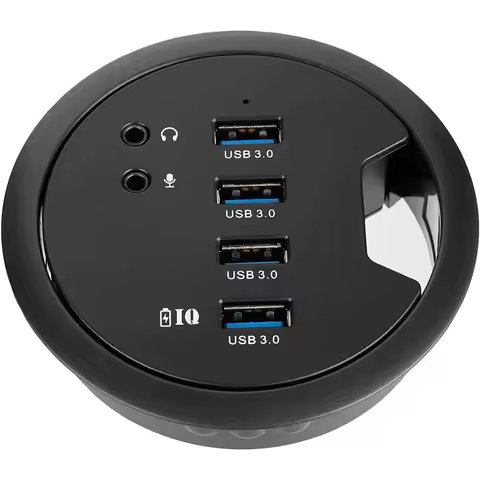 Desk-Fit 80mm 4 Port USB 3.0 Hub with 3.5mm Audio Mic Phone Jack/BC 1.2 USB Charger, 5V/2A Power Ada
