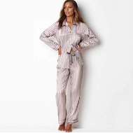 ✁Long Sleeve Pajamas for Women Striped Satin Silk Pajama Set Sleepwear Fashion Style Loungewear Ladi