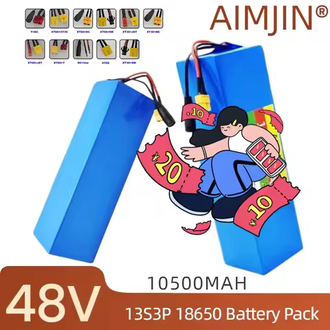 48V E-Bike 13S3P Battery Pack 10.5Ah 18650 Rechargeable Lithium for Electric Scooter Bicycle 1000W B