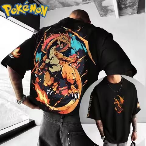 New Pokemon Cotton T Shirt with Charizard Front Print Blue Fire Wing Effects and Poke Ball Sleeve Lo