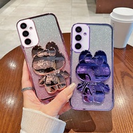 Phone Back Case For Samsung Galaxy S24 Plus 5G Glitter Makeup Mirror Rabbit Folding Stand Soft Silic