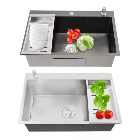68×45cm Sink with V-shaped Drainer and Drain Basket and Soap Dispenser Anti-overflow Kitchen Sink St
