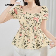 Lovito Vacation Ditsy Floral Ruffle Hem Spring/Summer Multicolor Blouse for Women L134ED445