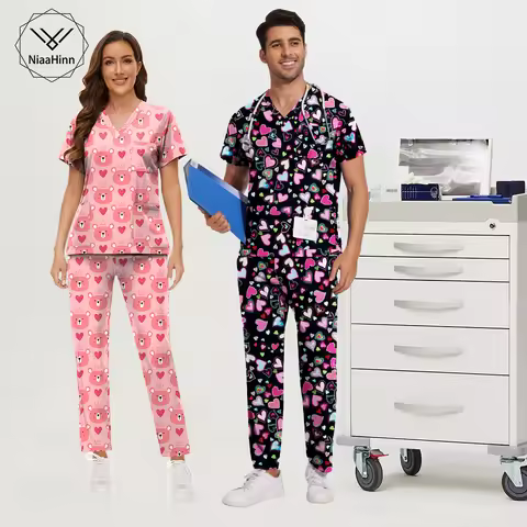 Elastic Printed Veterinary Uniform Nurse Doctor Scrub Sets Women Men Pediatric Healthcare Nursing Nu