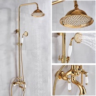 Polished Gold Brass Exposed Shower System with 8 Inch Shower head Dual Handles Handheld Spray with Tub Spout Bathroom Shower Faucet Set ZD3101