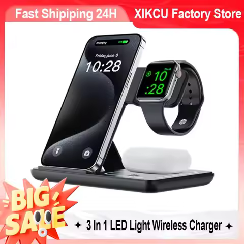 XIKCU 3 In 1 Foldable LED Light Wireless Charger Stand For iPhone Samsung Apple Watch 2-8 SE Airpods