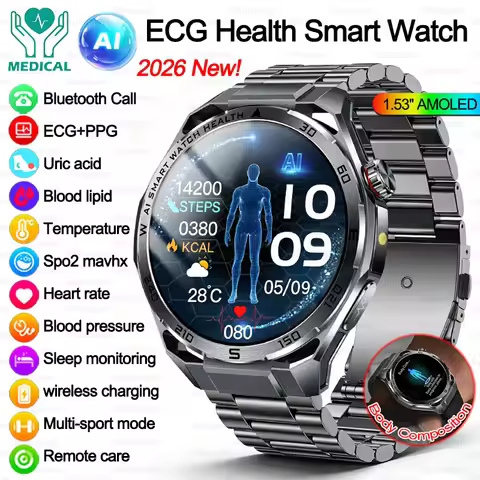 2026 New Men AI ChatGPT Smart Watch 1.53 AMOLED ECG+PPG Bluetooth Call Uric Acid Blood Lipid BP Moni