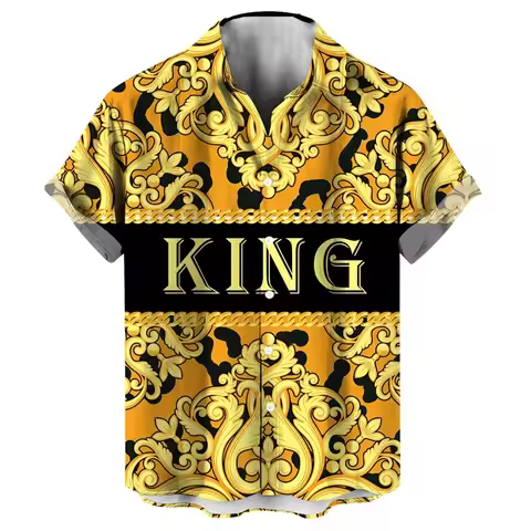3D Full Print Graphic Novelty Queen And King Button Down Shirts For Men Funny Gold And Black Graphic