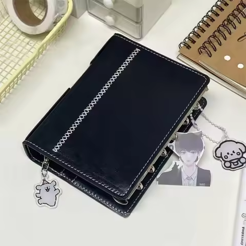 A7 Binder Notebook Loose leaf Black Pink Cover 6 Ring Binder Double Ring PU Leather Photocard Kpop P