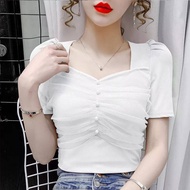 Temperament mesh patchwork square neck bubble sleeve t-shirt womens 2023 summer slim short sleeve to