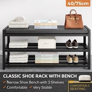 🇸🇬 (40/75cm) Classic Shoe Rack with Bench - Narrow Shoe Bench with 2 Shelves - Comfortable and Very 
