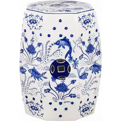 Castle Gardens Collection Glazed Ceramic Blue Cloud 9 Chinoiserie Garden Stool