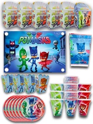 Kit de Fiesta de Personaje Heroes en Pijama, PJMASKS Desechables 62 pz Artículos Decoración Cartón Platos Vasos Dulceros Palomeros + Lona + Mantel 15 invitados