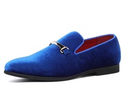 Mens Blue Dress Shoe Prom Velvet Loafers Red Wedding Shoes Horsebit Flat Driving Moccasin Shoes for 